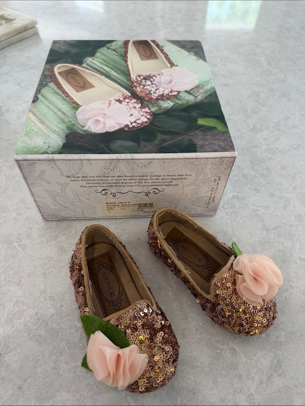Joyfolie Rose Gold Sequin Slip-On Shoes with Pink Flower